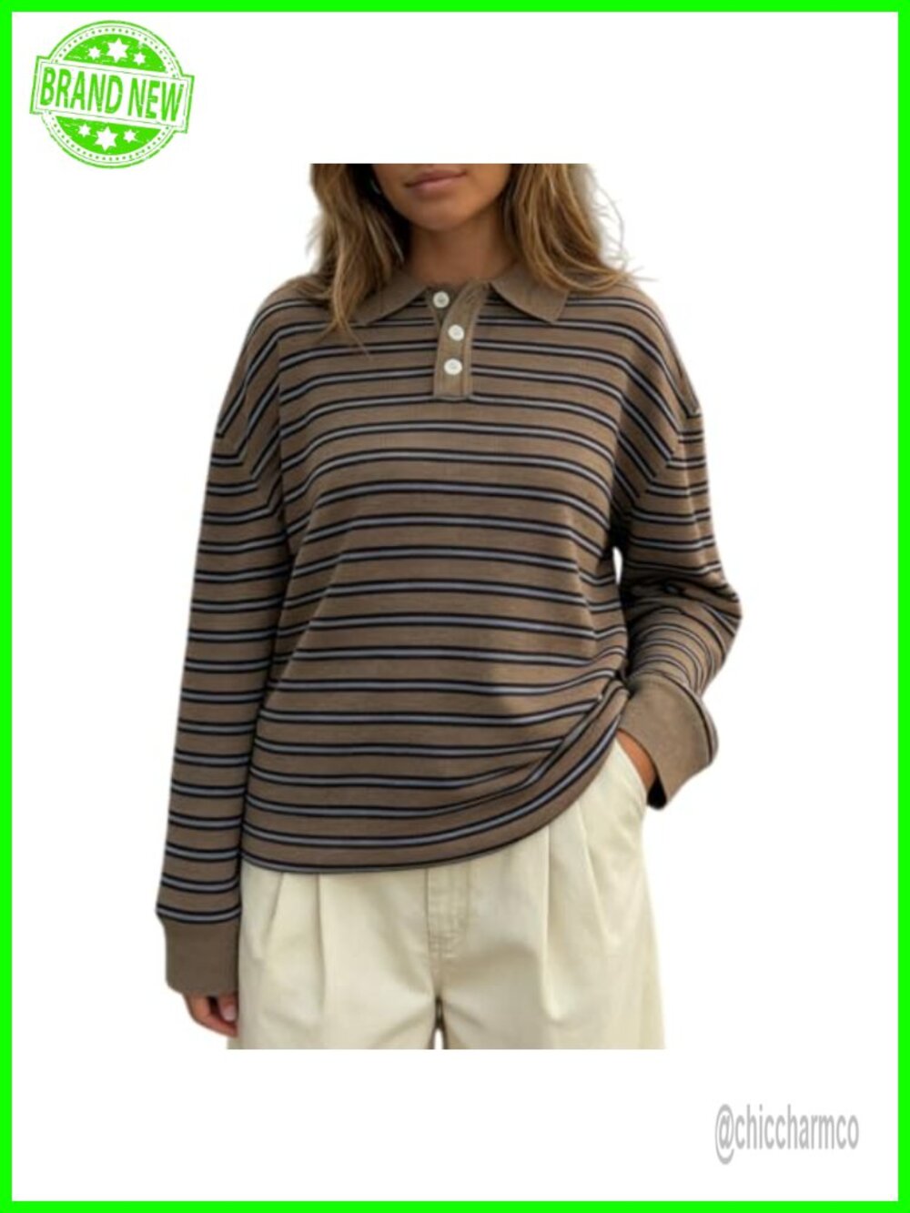Oversized Striped Polo Sweater Women 100% Acrylic Collared Knit Pullover